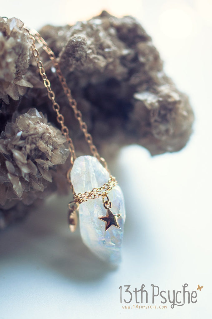 Handmade White raw quartz crystal necklace with gold stars - 13th Psyche