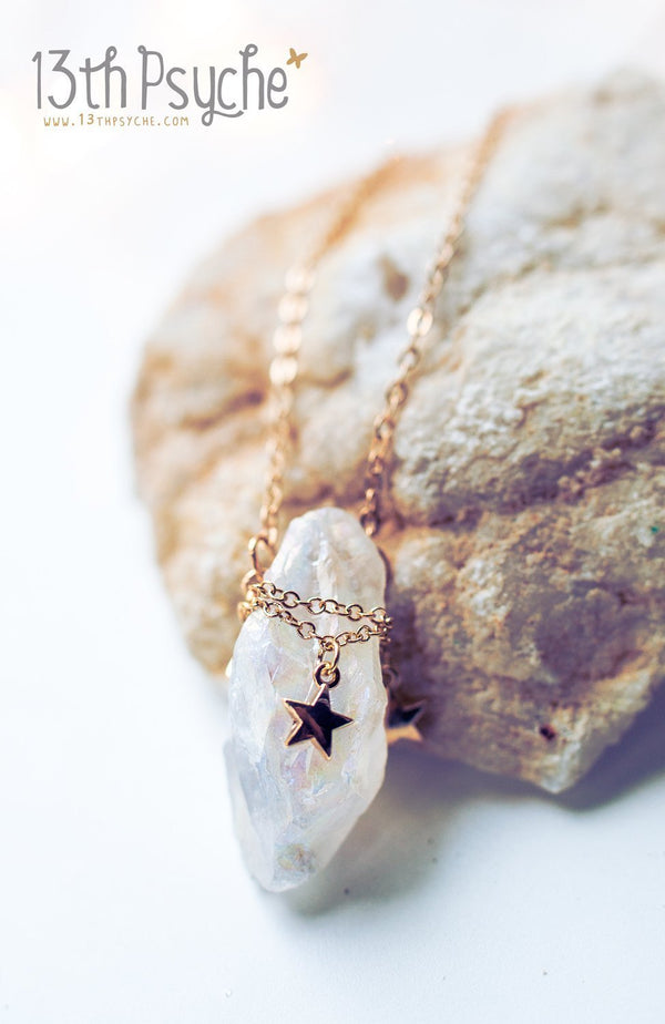 Handmade White raw quartz crystal necklace with gold stars - 13th Psyche