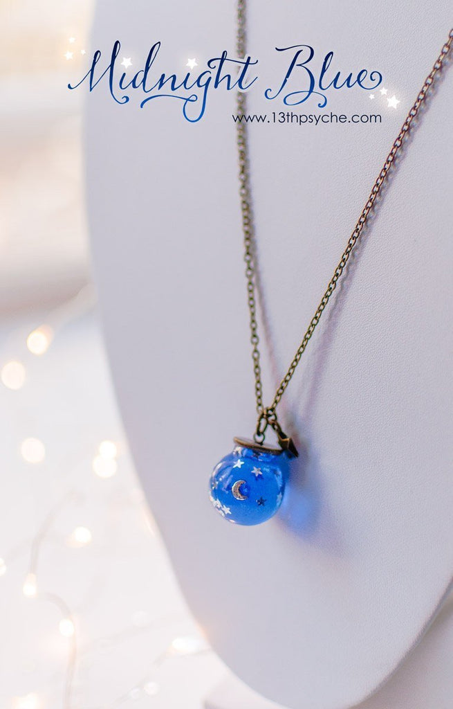 Handmade Moon and stars blue sphere necklace - 13th Psyche