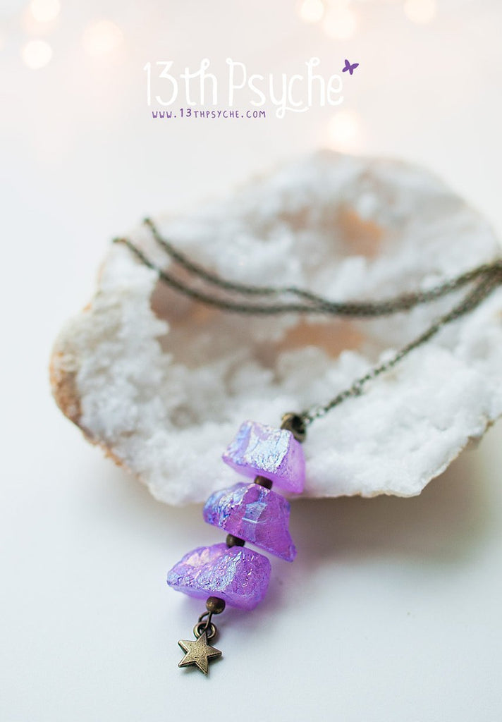 Handmade Long raw purple titanium crystal stone necklace - 13th Psyche