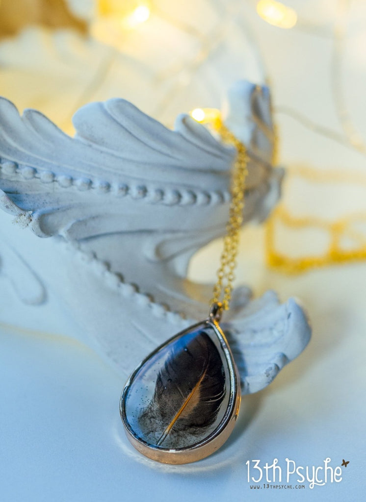 Handmade Drop shaped resin pendant with real feather necklace - 13th Psyche