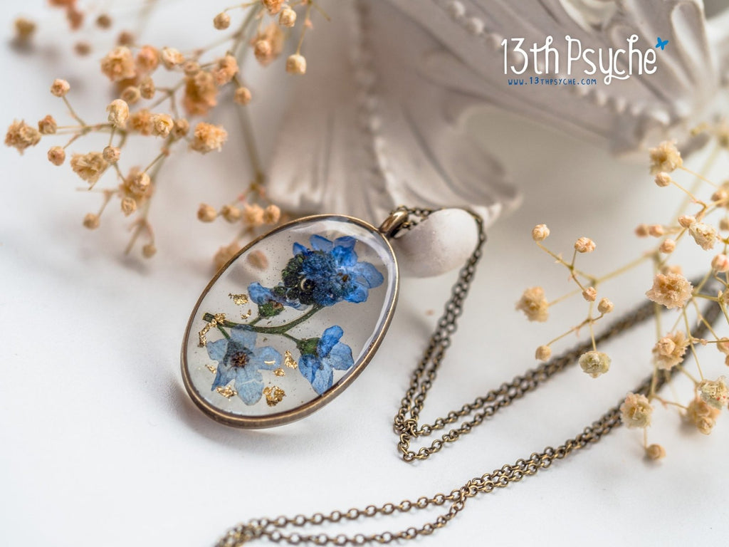 Handmade Pressed Forget me not flower pendant necklace - 13th Psyche