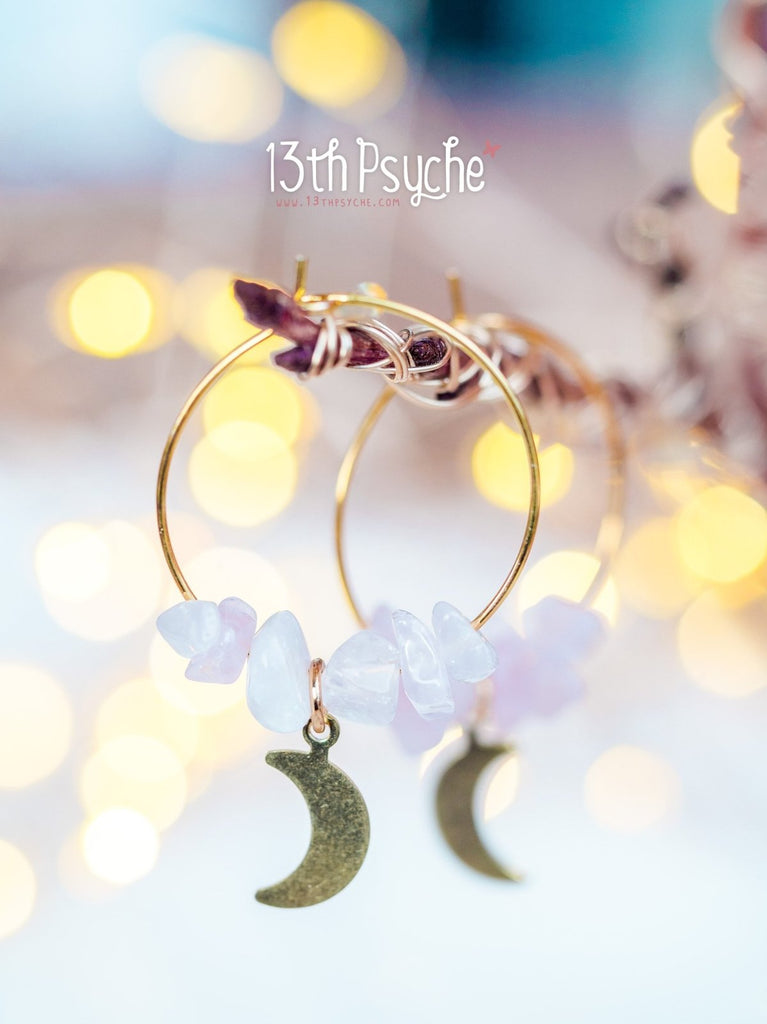 Handmade Rose quartz hoop earrings with moon or star charm - 13th Psyche