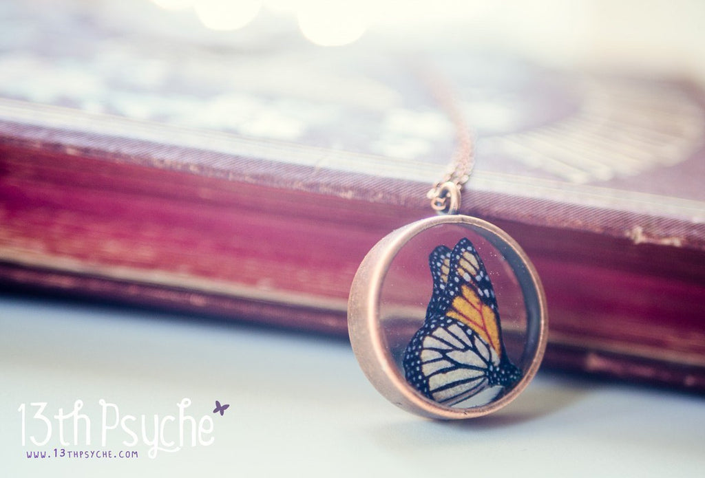 Handmade Monarch butterfly resin pendant necklace - 13th Psyche