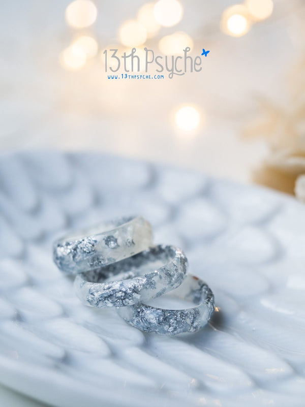 Handmade Pearl white and silver flakes faceted resin ring - 13th Psyche