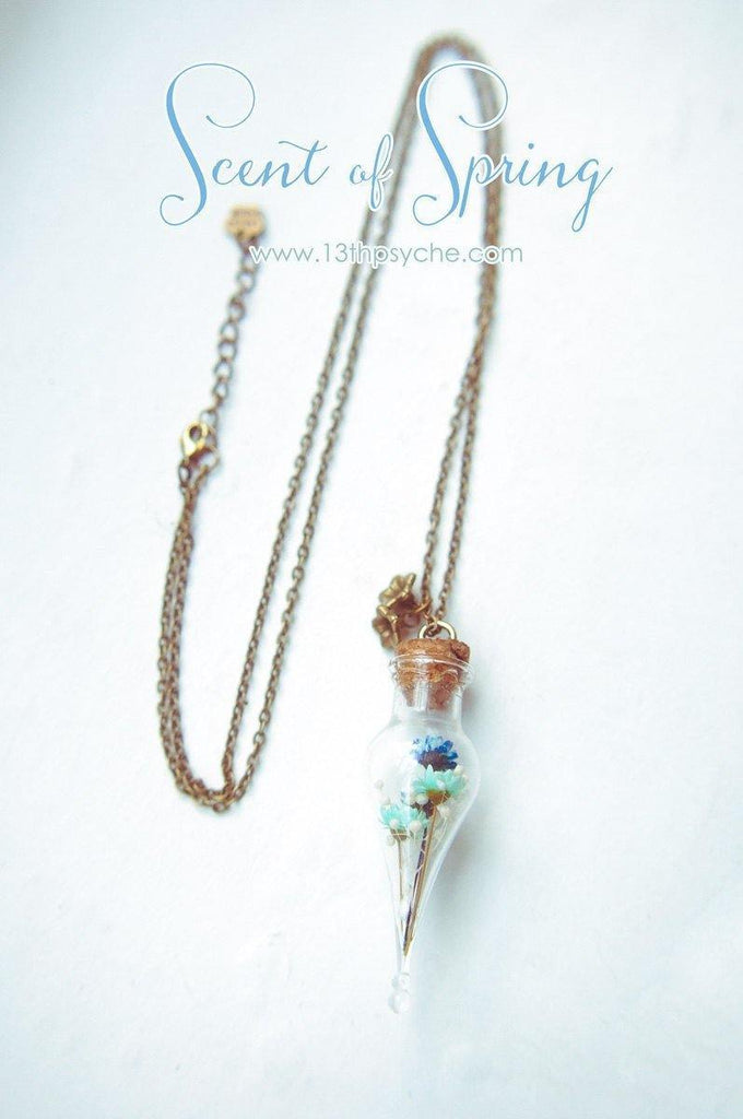 Handmade Blue real dried flower bouquet teardrop vial necklace - 13th Psyche