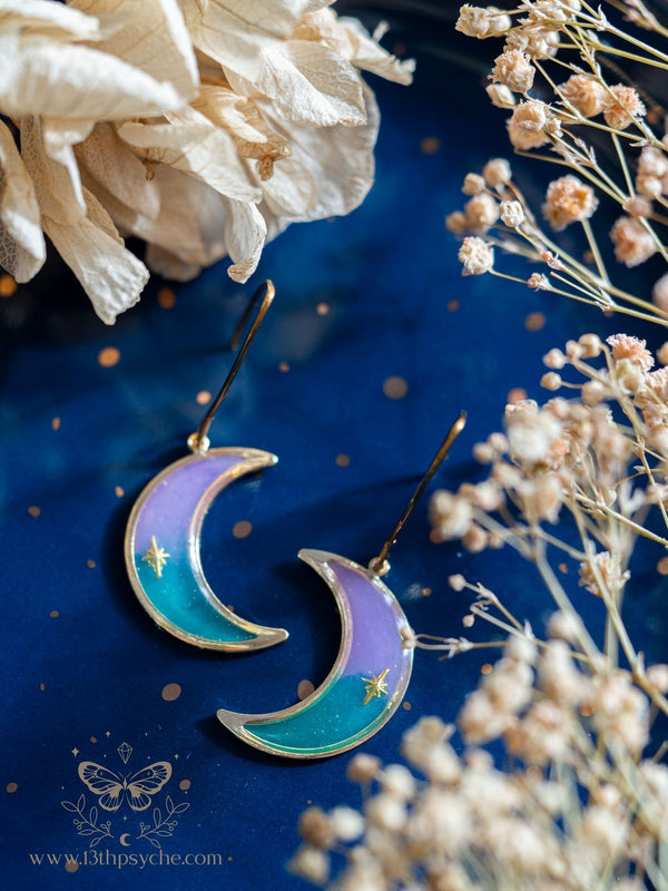 Handmade Lilac and turquoise dangle crescent moon earrings - 13th Psyche