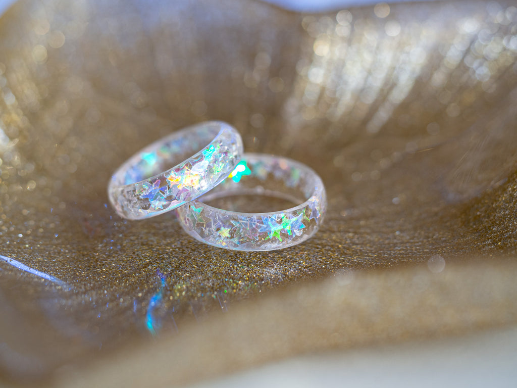 Handmade Resin Star Ring - Iridescent Galaxy Band with Holographic Stars - 13th Psyche