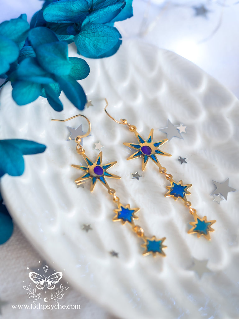 Handmade Celestial Long Moon and Star Earrings, stainless steel earrins with resin accents - 13th Psyche