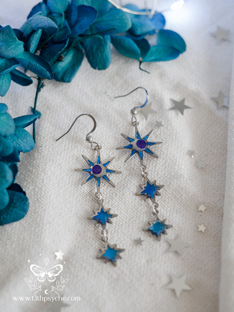 Handmade Celestial Long Moon and Star Earrings, stainless steel earrins with resin accents - 13th Psyche