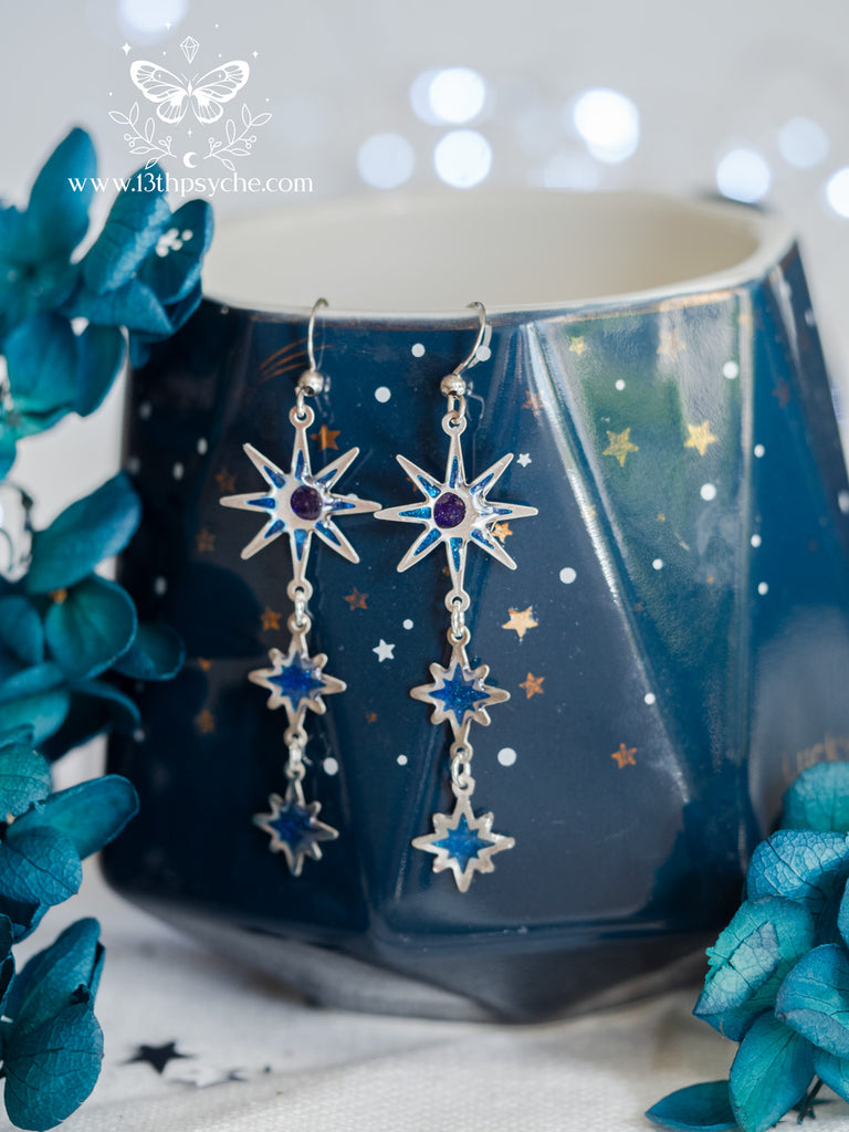 Handmade Celestial Long Moon and Star Earrings, stainless steel earrins with resin accents - 13th Psyche