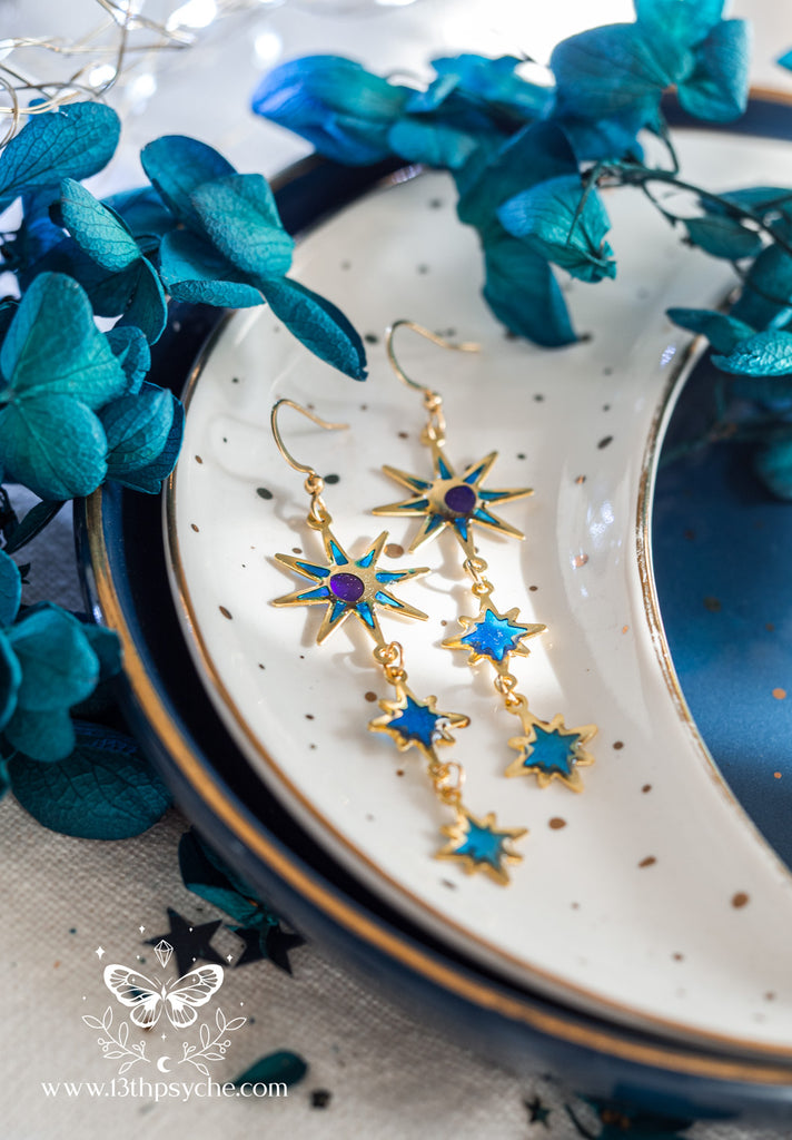 Handmade Celestial Long Moon and Star Earrings, stainless steel earrins with resin accents - 13th Psyche