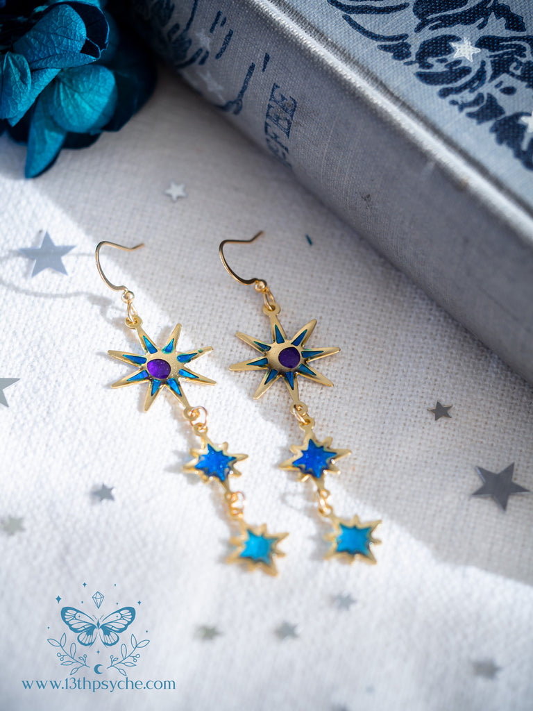 Handmade Celestial Long Moon and Star Earrings, stainless steel earrins with resin accents - 13th Psyche