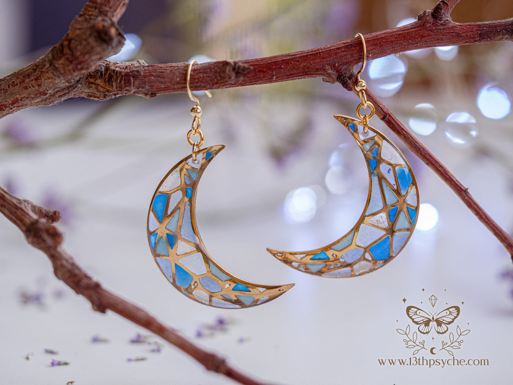 Handmade Stained glass inspired moon earrings - 13th Psyche