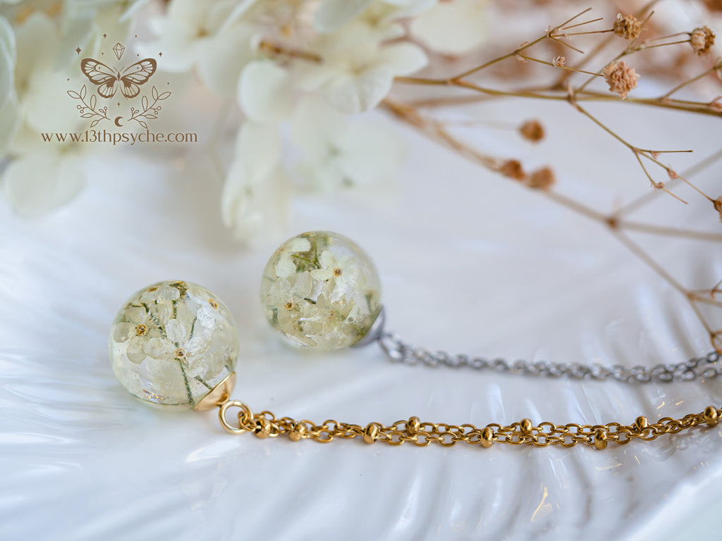 Handmade White forget me not flowers orb pendant necklace - 13th Psyche