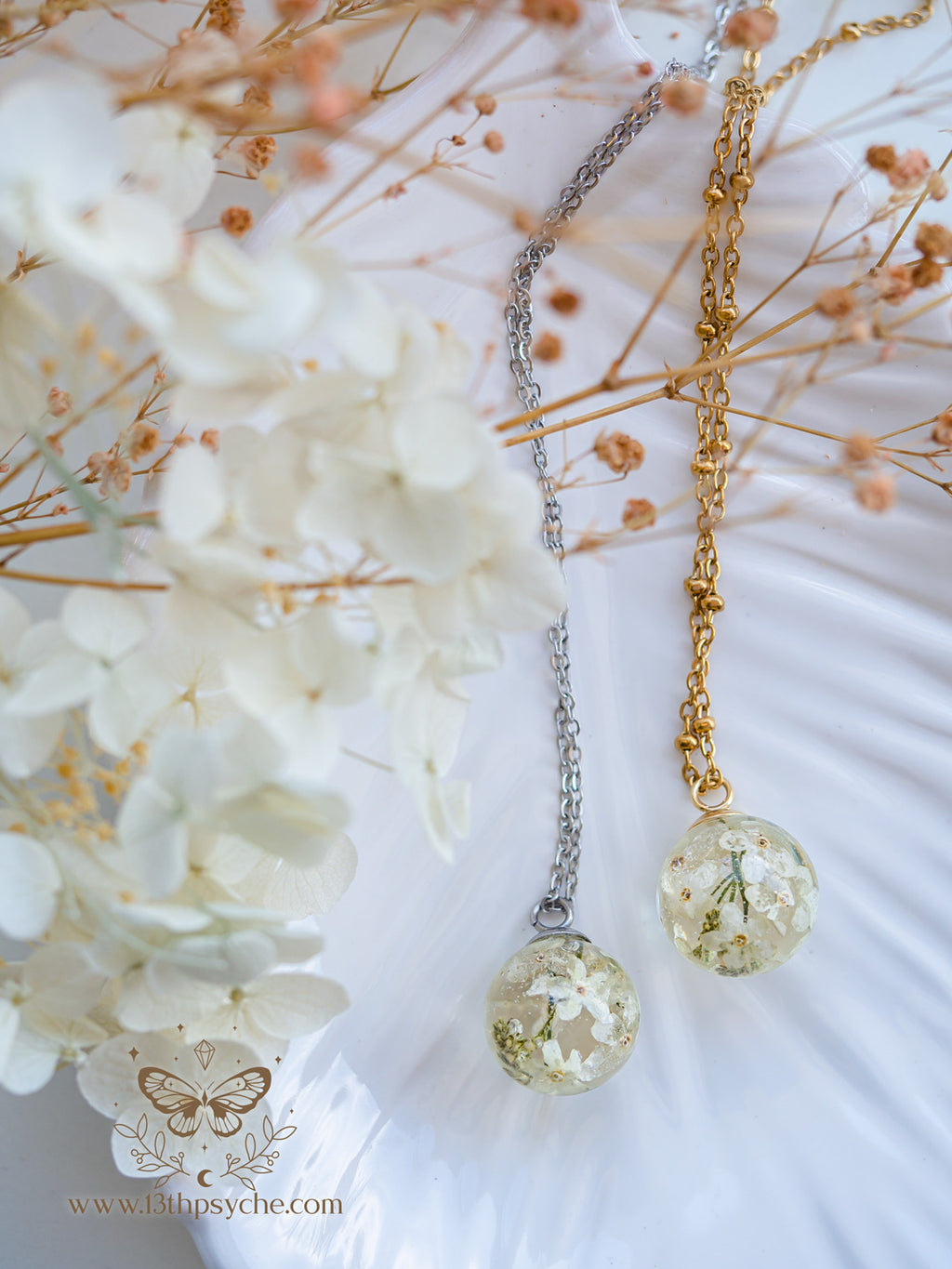 Handmade White forget me not flowers orb pendant necklace - 13th Psyche