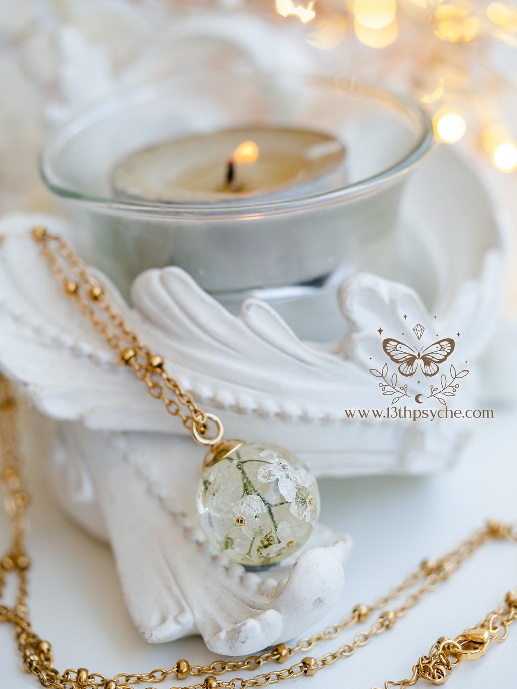 Handmade White forget me not flowers orb pendant necklace - 13th Psyche