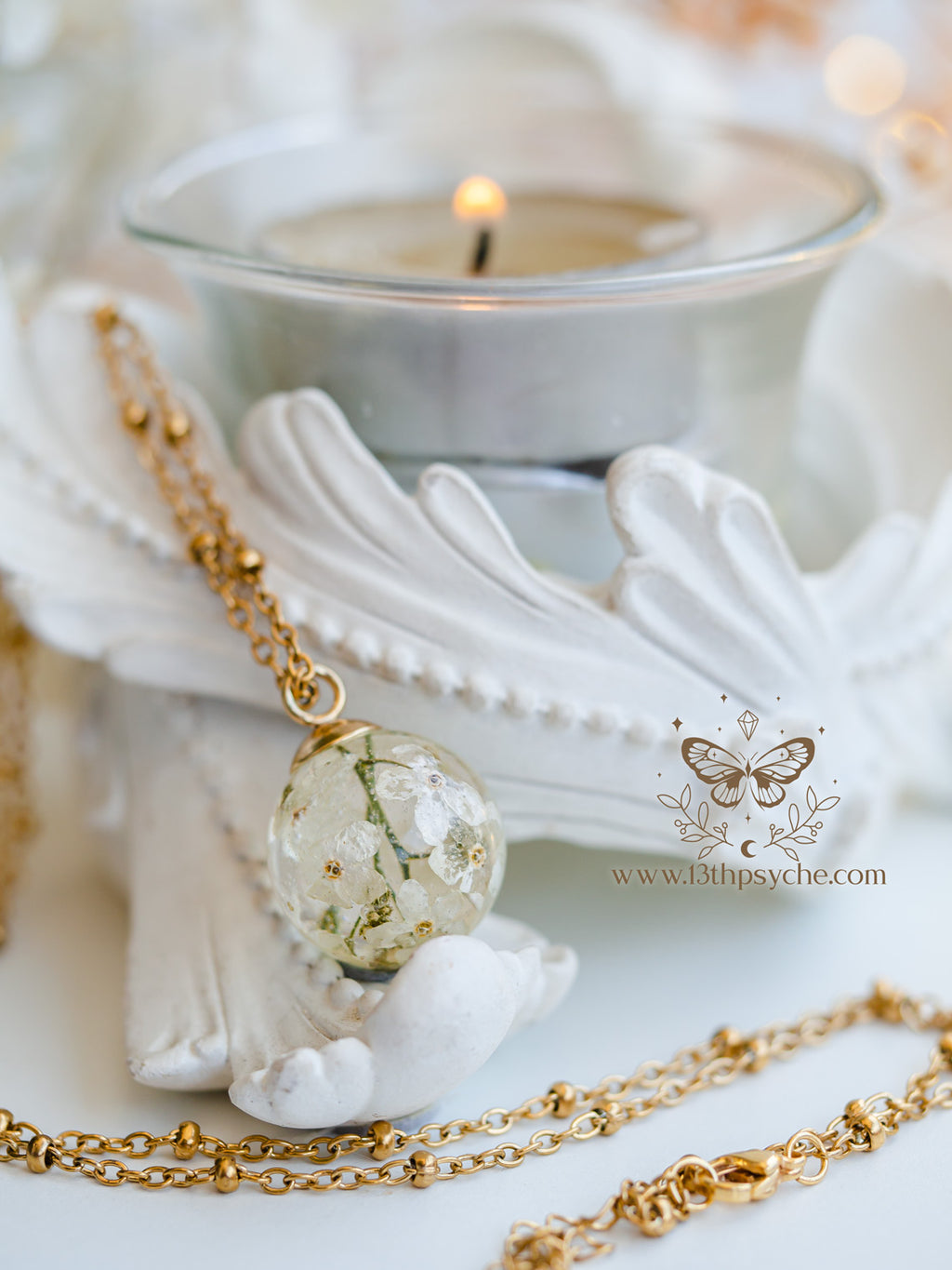 Handmade White forget me not flowers orb pendant necklace - 13th Psyche