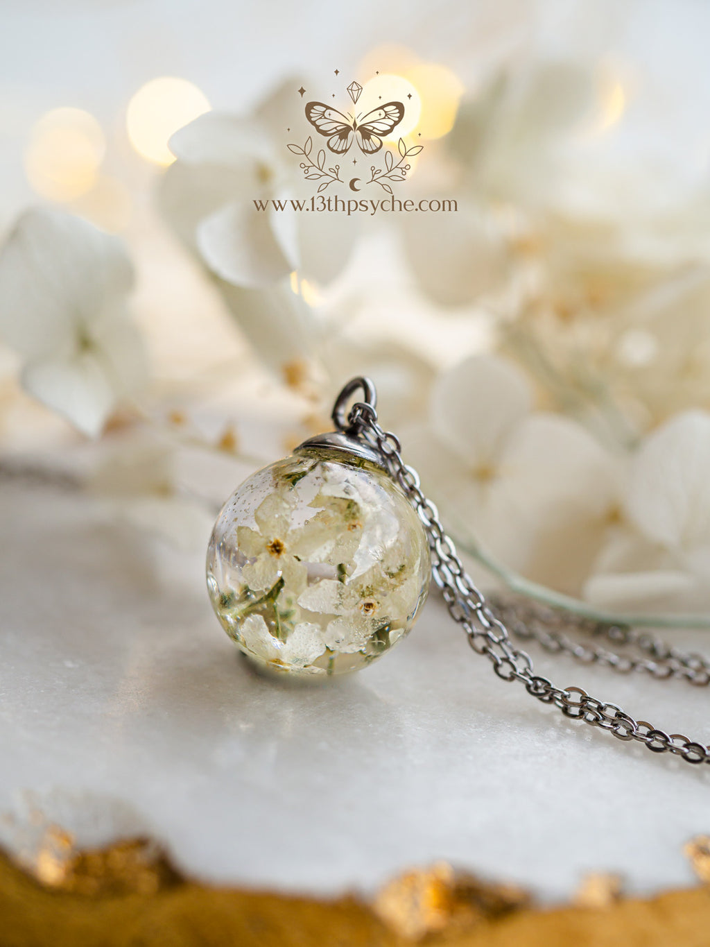 Handmade White forget me not flowers orb pendant necklace - 13th Psyche
