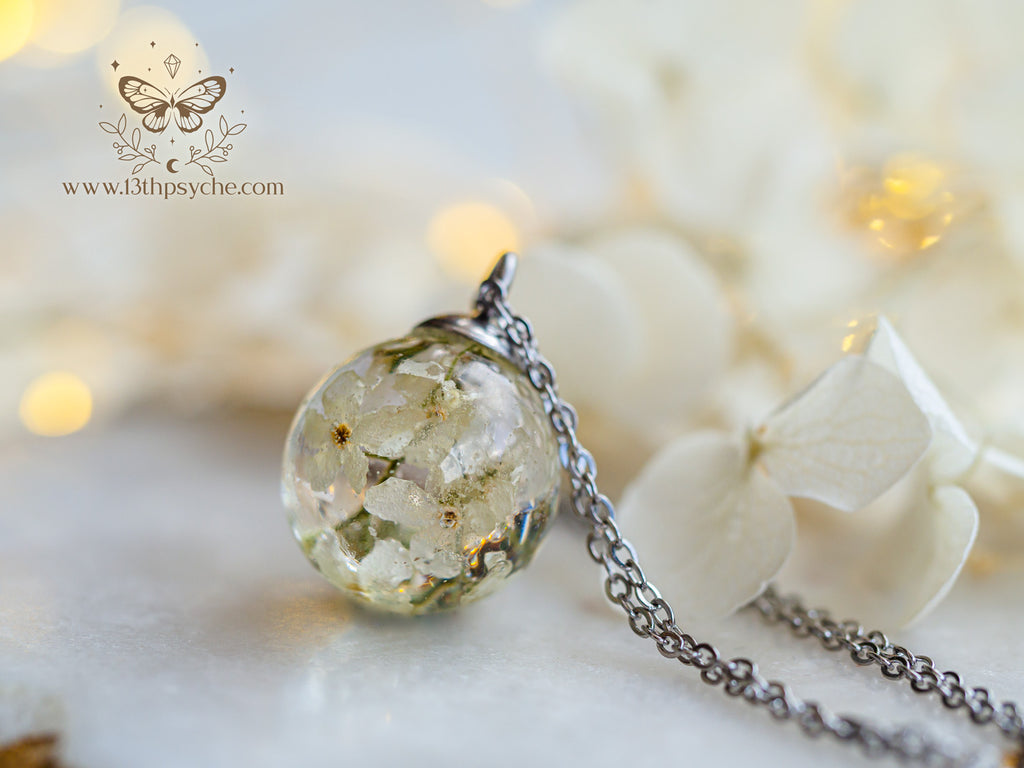 Handmade White forget me not flowers orb pendant necklace - 13th Psyche