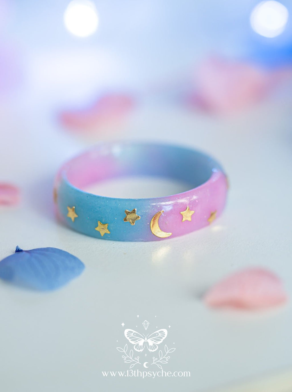 Handmade Blue and Pink Celestial Moon Stars Resin Ring - 13th Psyche