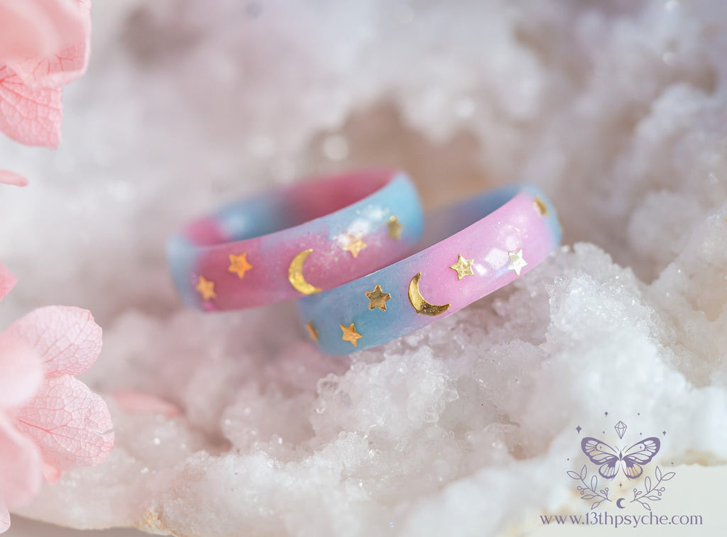 Handmade Blue and Pink Celestial Moon Stars Resin Ring - 13th Psyche