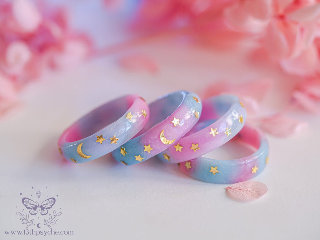 Handmade Blue and Pink Celestial Moon Stars Resin Ring - 13th Psyche