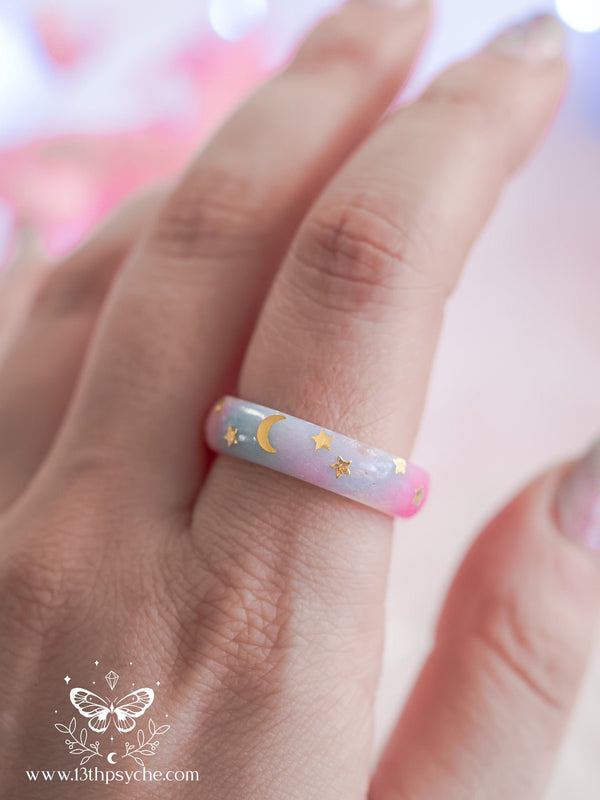 Handmade Blue and Pink Celestial Moon Stars Resin Ring - 13th Psyche