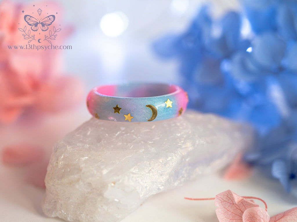 Handmade Blue and Pink Celestial Moon Stars Resin Ring - 13th Psyche