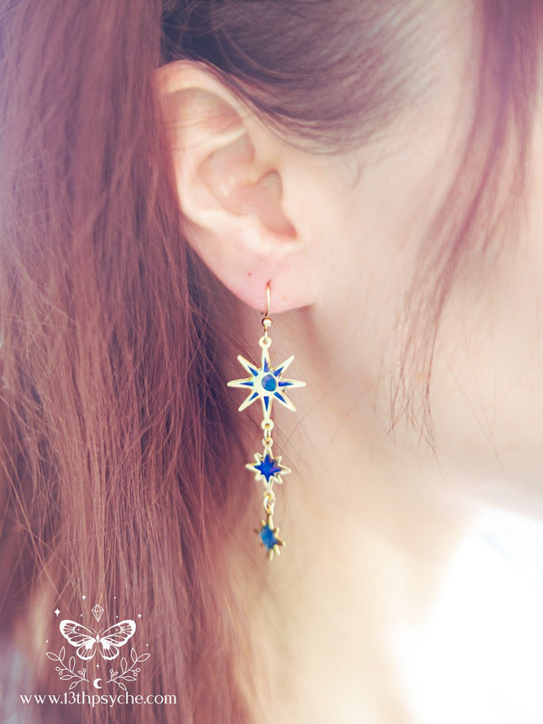 Handmade Celestial Long Moon and Star Earrings, stainless steel earrins with resin accents - 13th Psyche