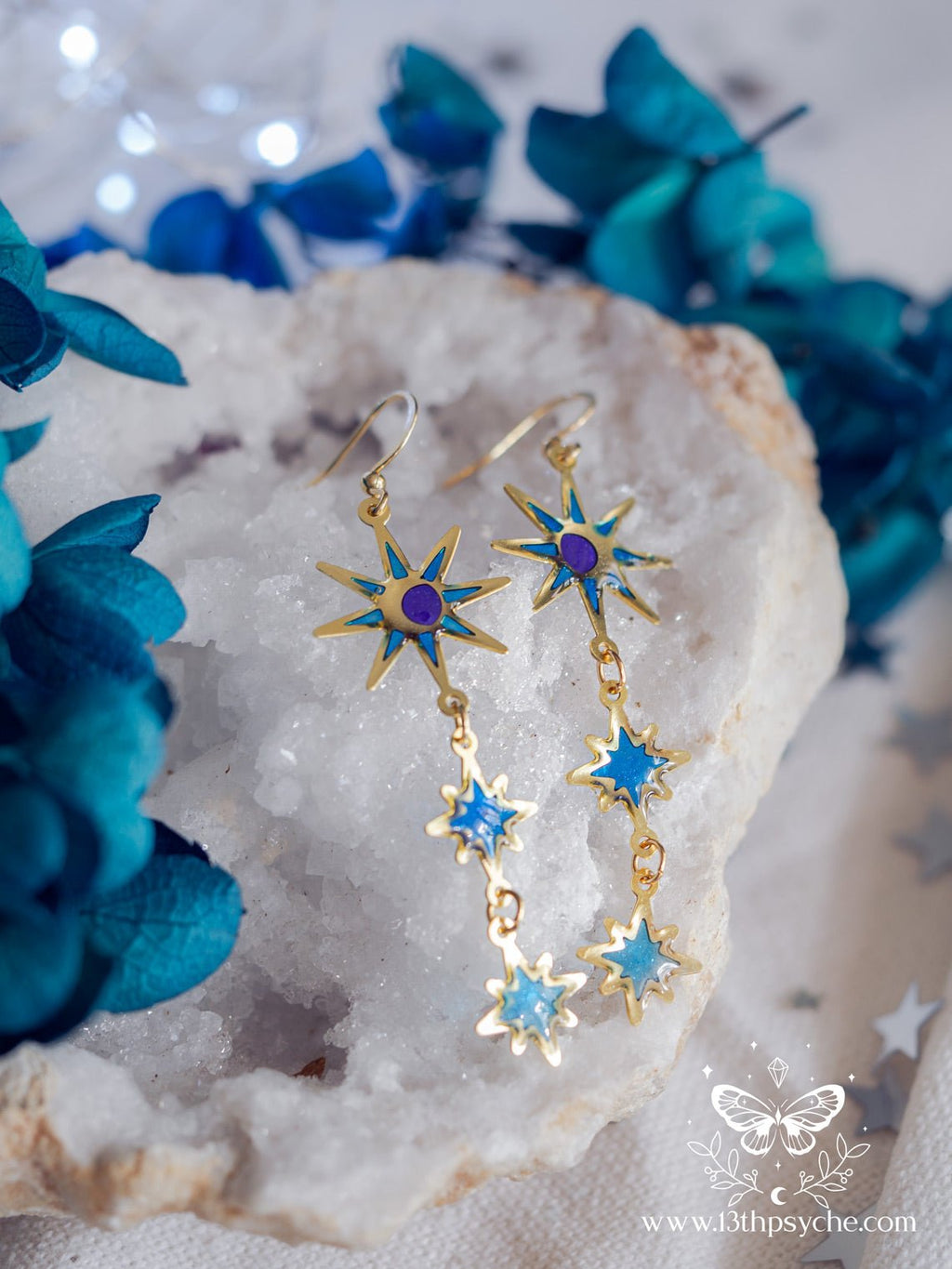 Handmade Celestial Long Moon and Star Earrings, stainless steel earrins with resin accents - 13th Psyche