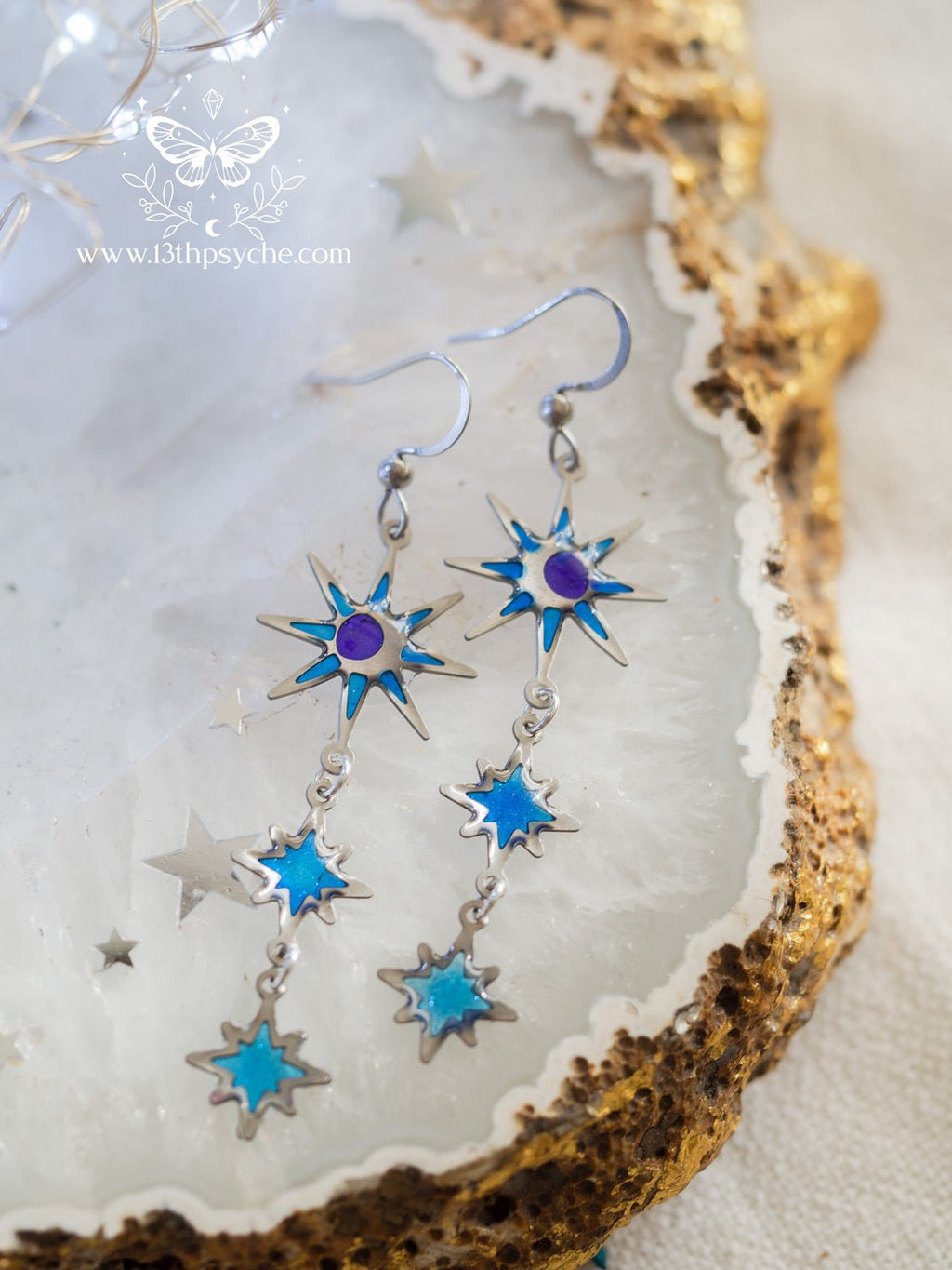 Handmade Celestial Long Moon and Star Earrings, stainless steel earrins with resin accents - 13th Psyche