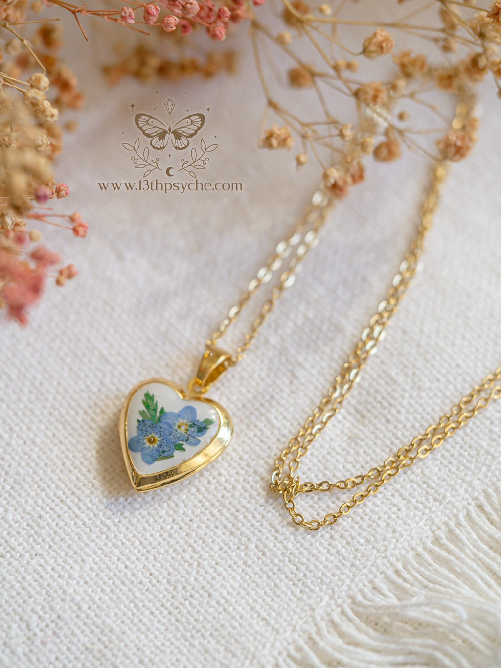 Handmade Heart Locket Necklace with Real Forget Me Not Flowers - 13th Psyche