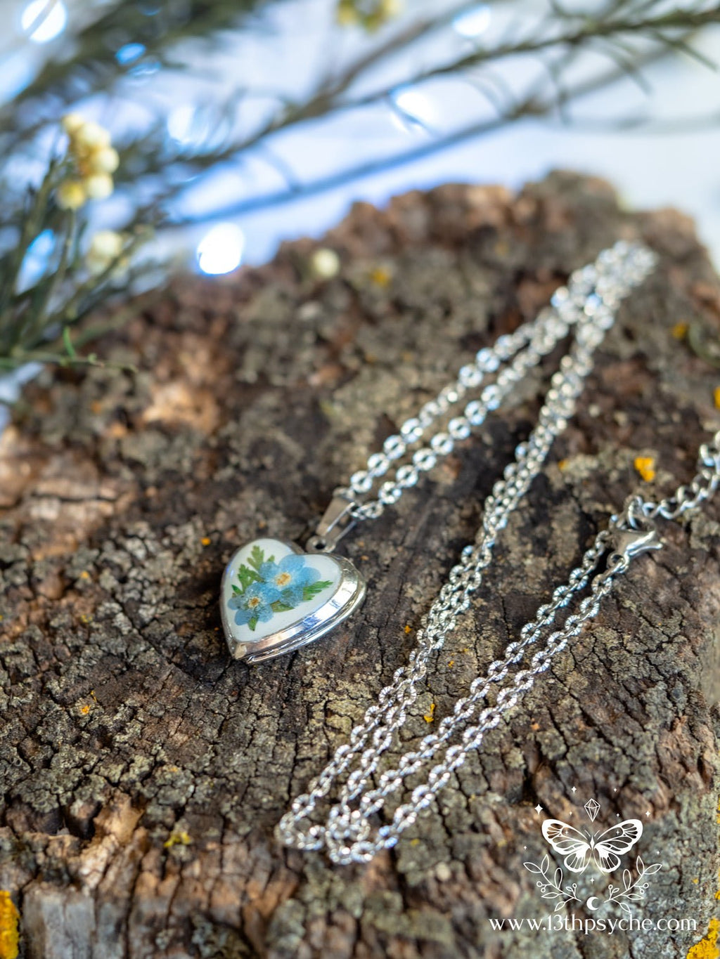 Handmade Heart Locket Necklace with Real Forget Me Not Flowers - 13th Psyche