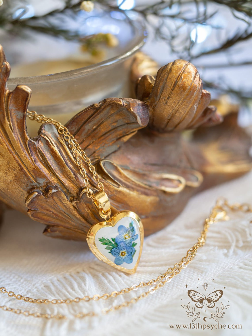 Handmade Heart Locket Necklace with Real Forget Me Not Flowers - 13th Psyche