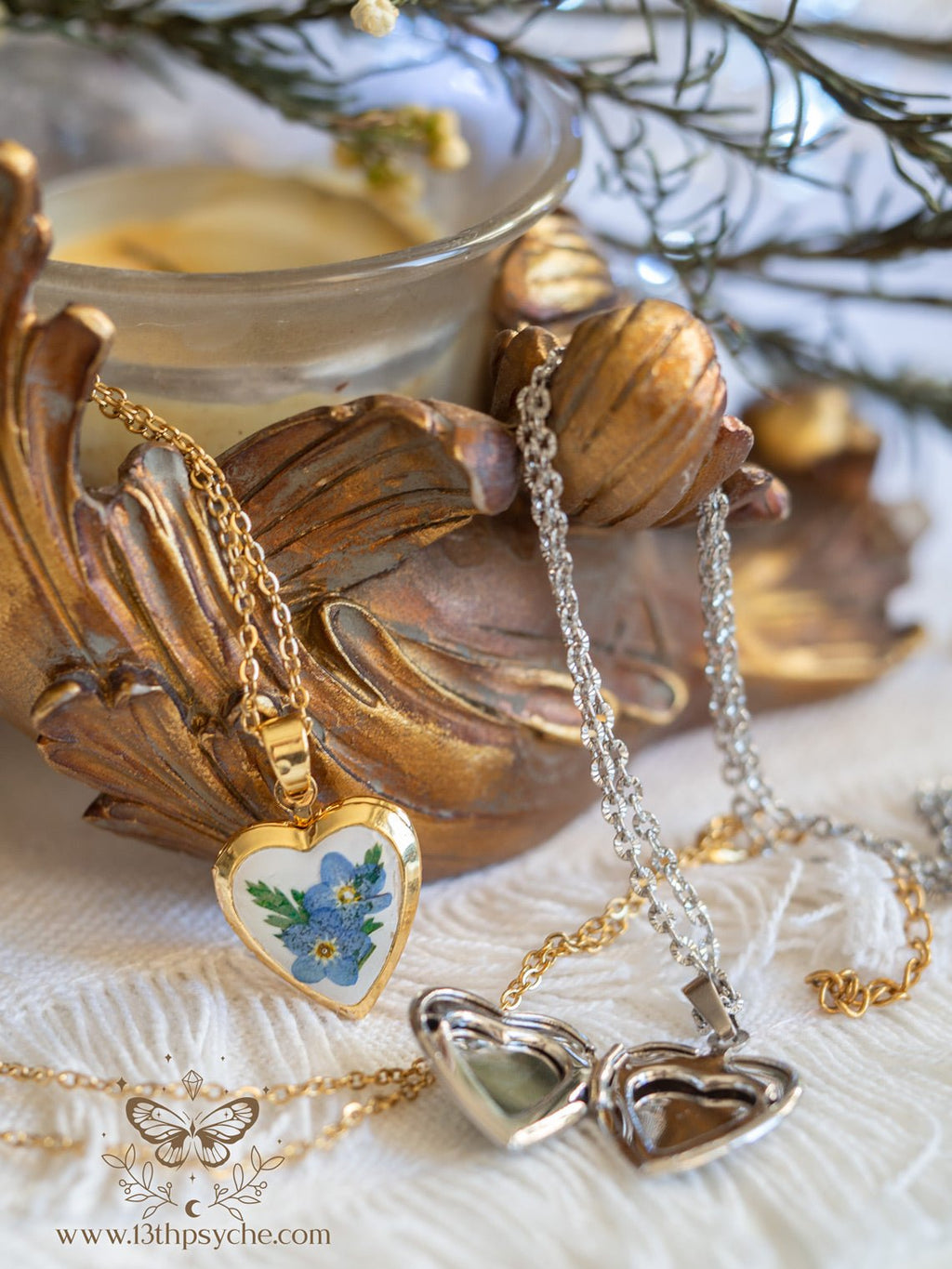 Handmade Heart Locket Necklace with Real Forget Me Not Flowers - 13th Psyche