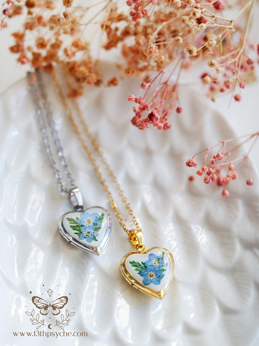 Heart Locket Necklace with Real Forget Me Not Flowers - 13th Psyche