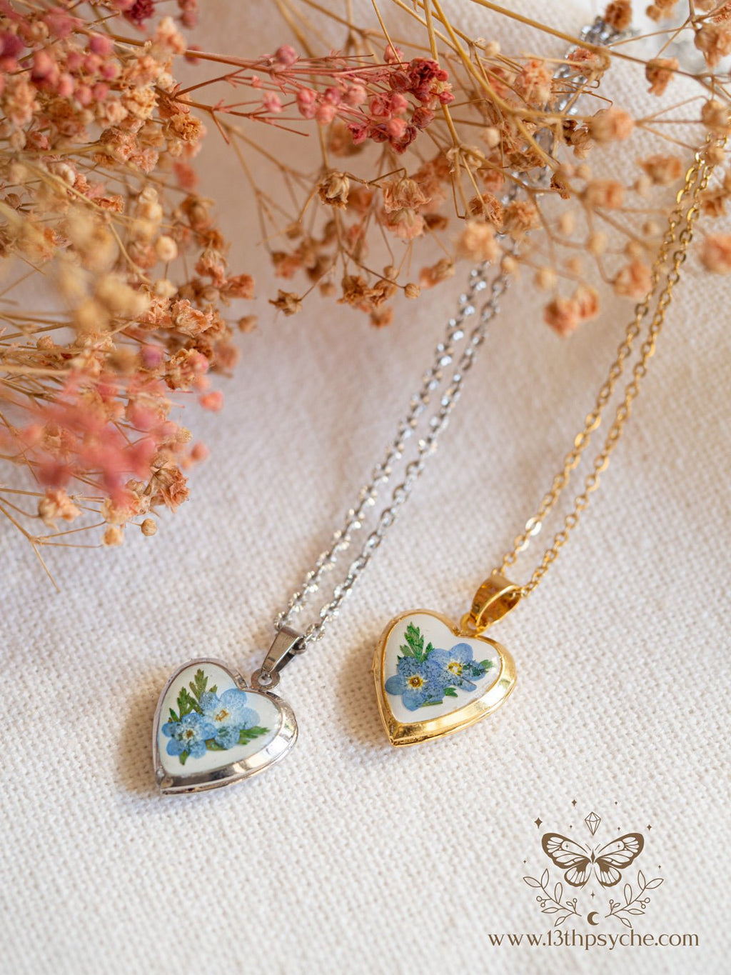 Handmade Heart Locket Necklace with Real Forget Me Not Flowers - 13th Psyche