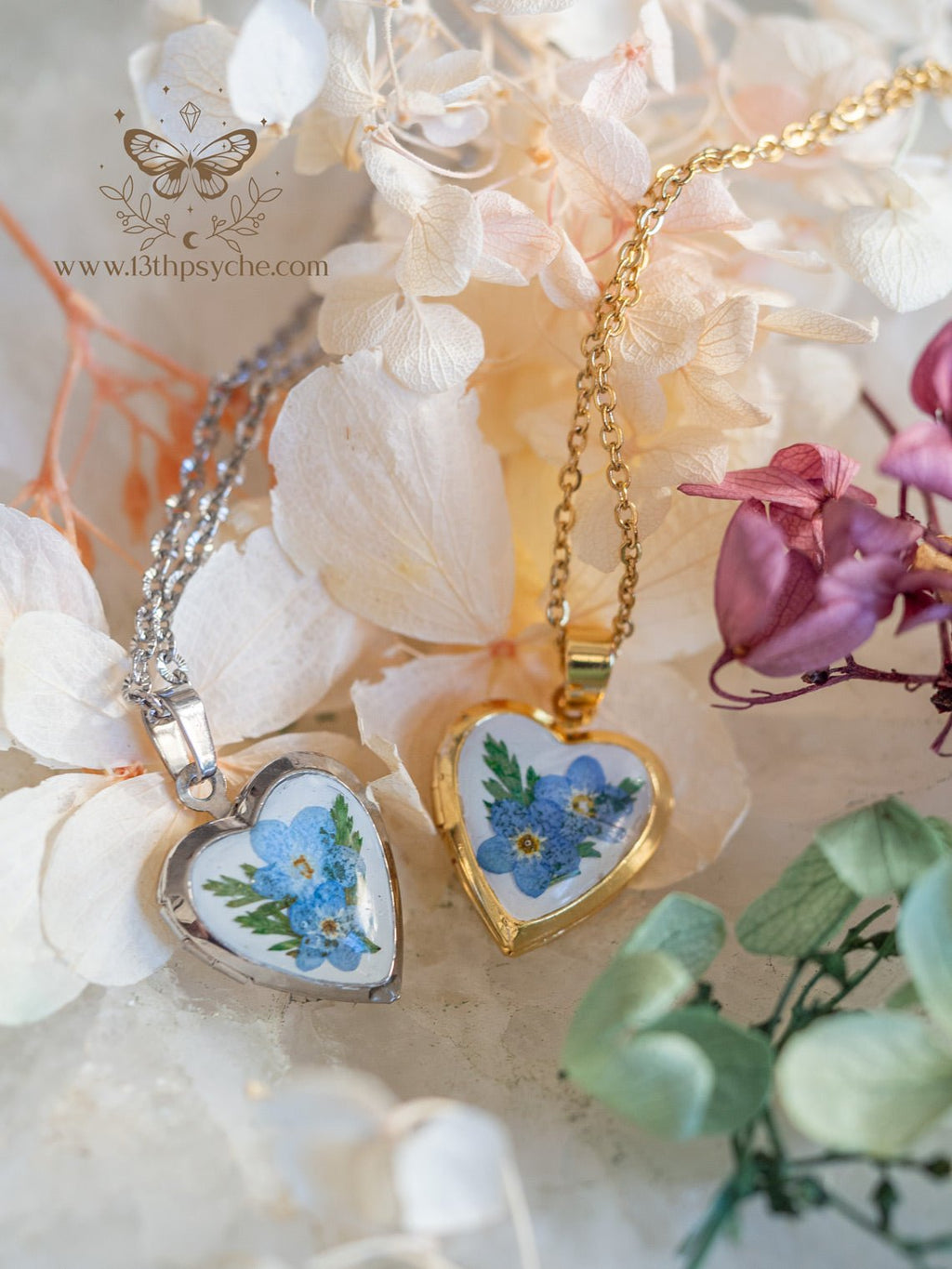 Handmade Heart Locket Necklace with Real Forget Me Not Flowers - 13th Psyche