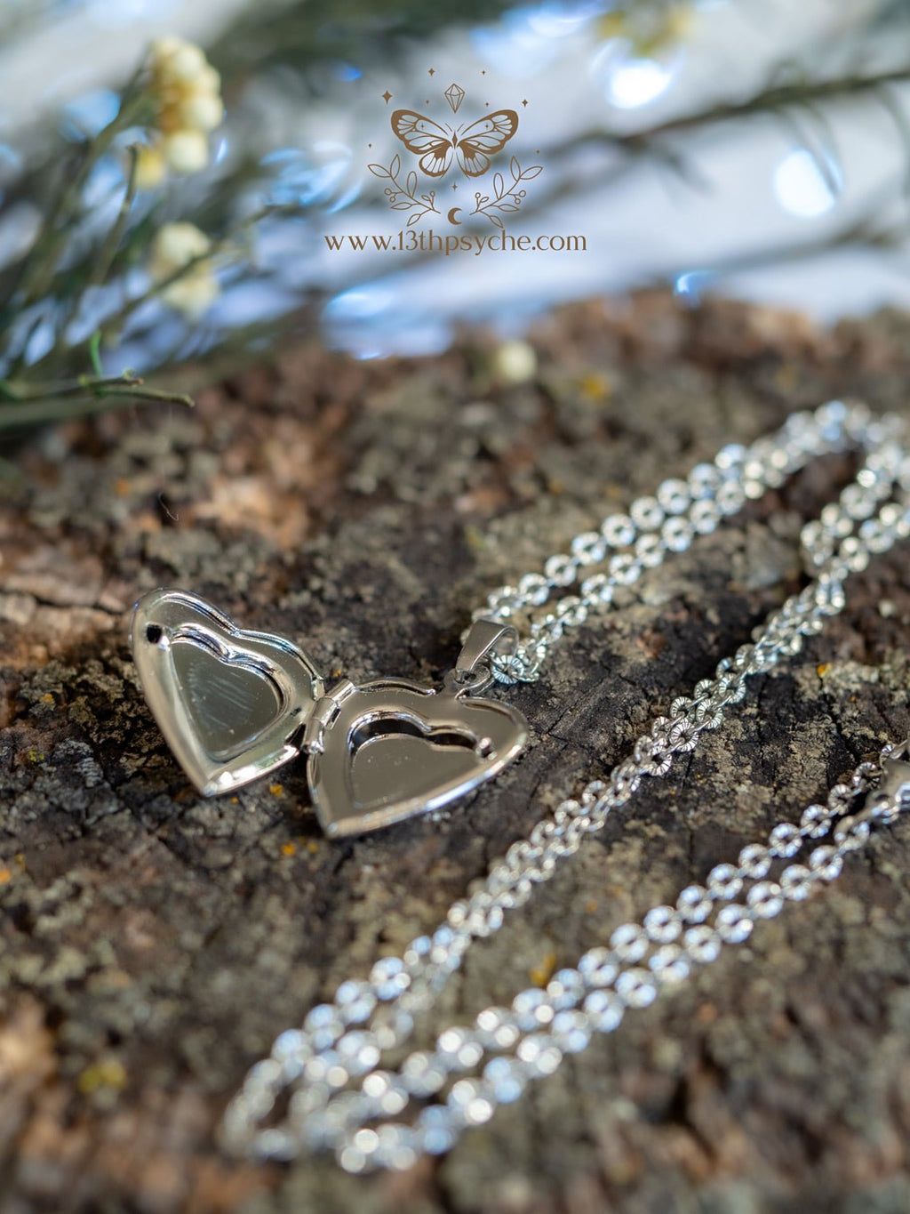 Handmade Heart Locket Necklace with Real Forget Me Not Flowers - 13th Psyche