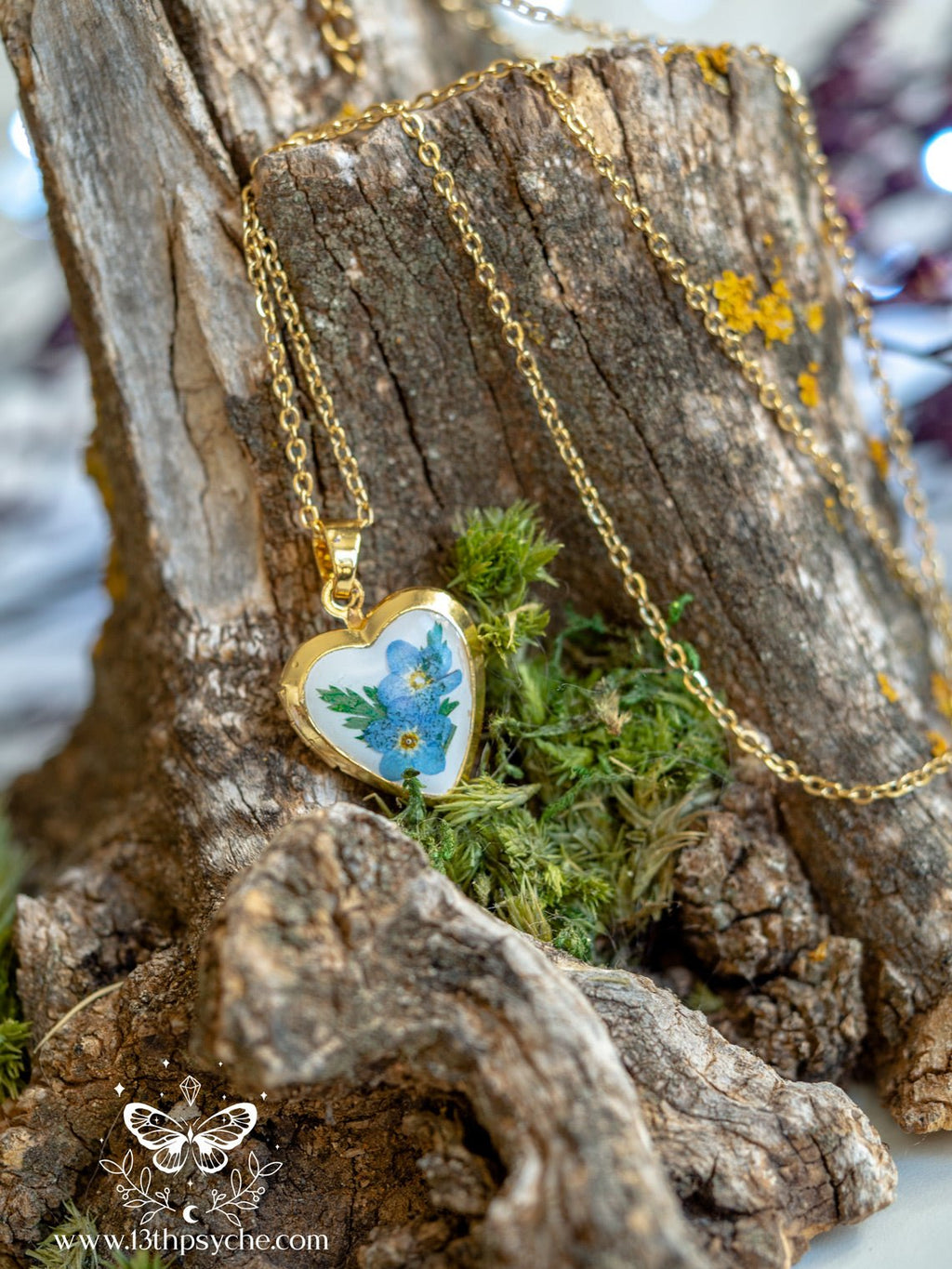 Handmade Heart Locket Necklace with Real Forget Me Not Flowers - 13th Psyche