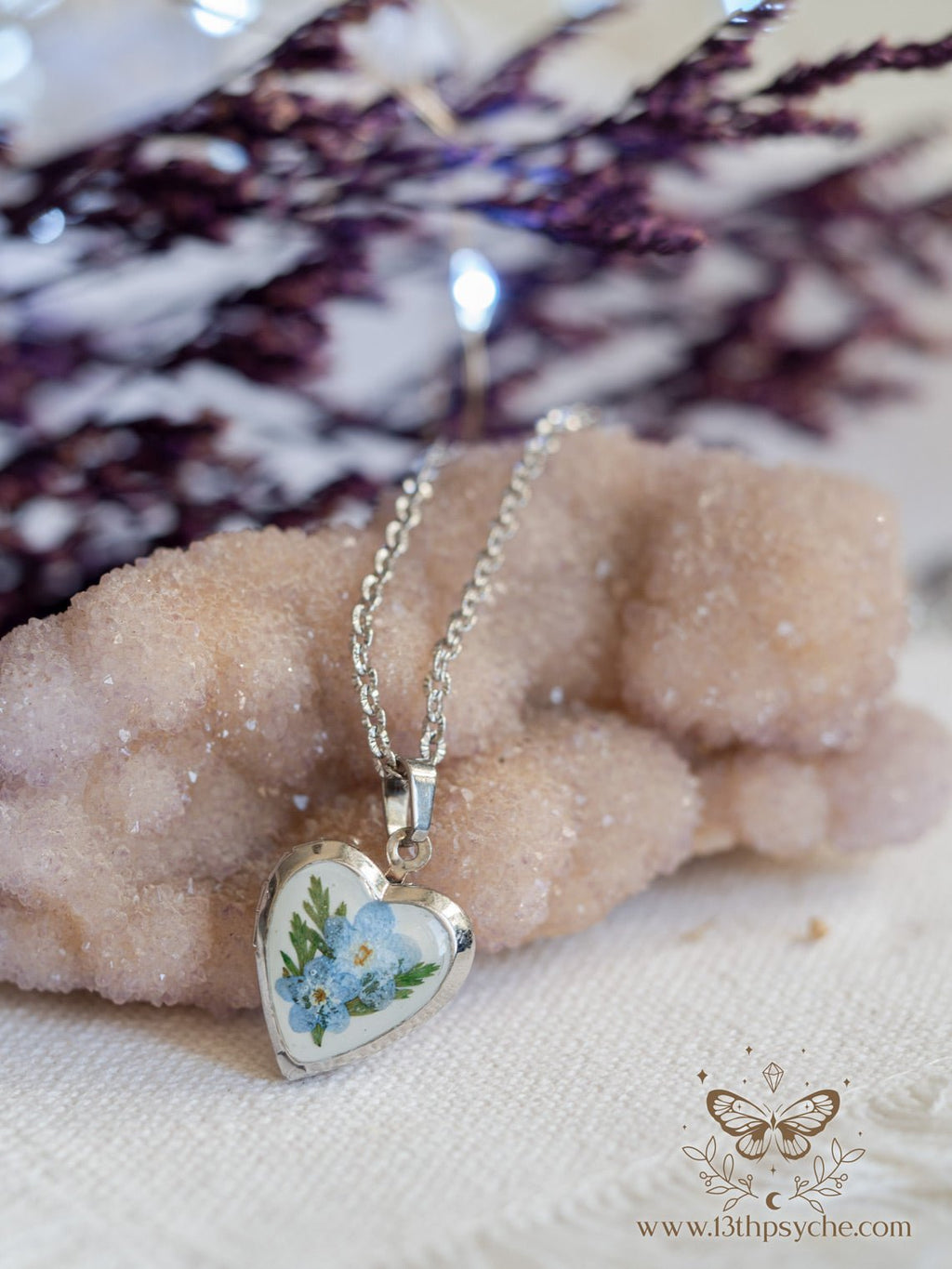 Handmade Heart Locket Necklace with Real Forget Me Not Flowers - 13th Psyche