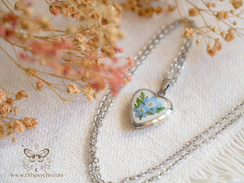 Handmade Heart Locket Necklace with Real Forget Me Not Flowers - 13th Psyche