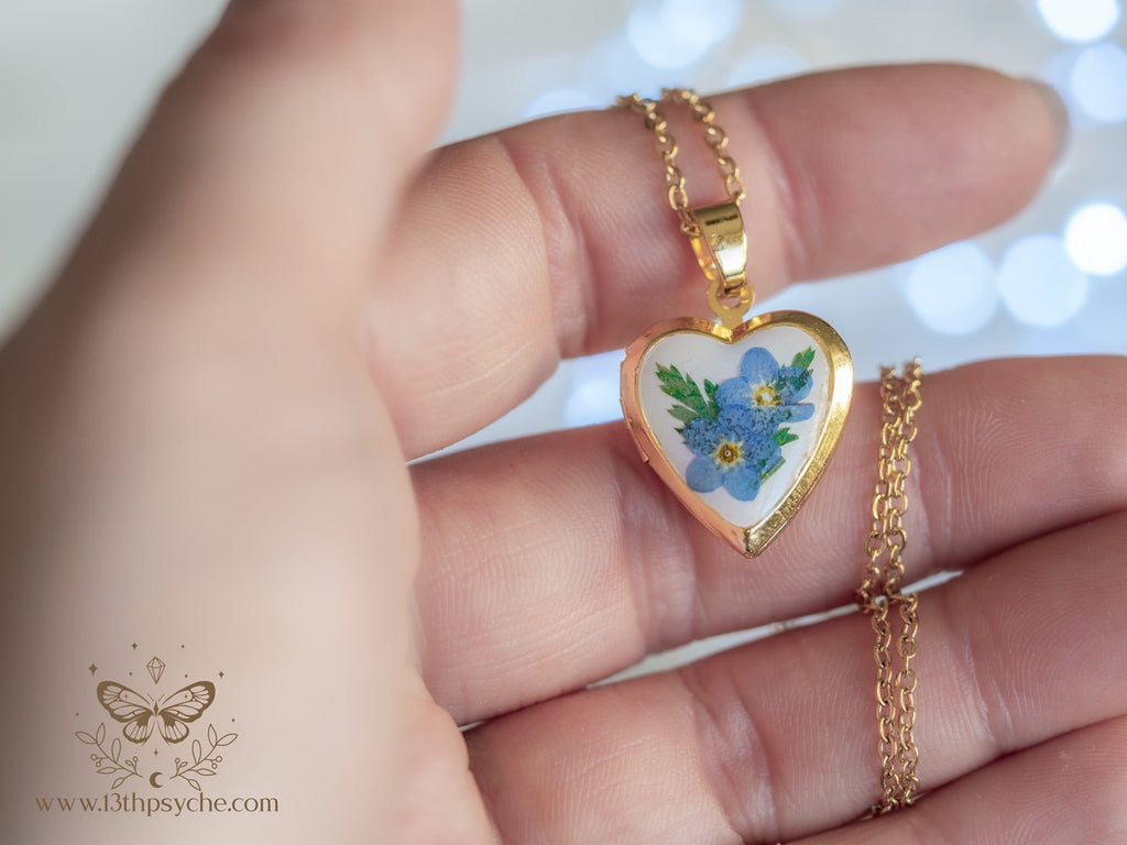 Handmade Heart Locket Necklace with Real Forget Me Not Flowers - 13th Psyche