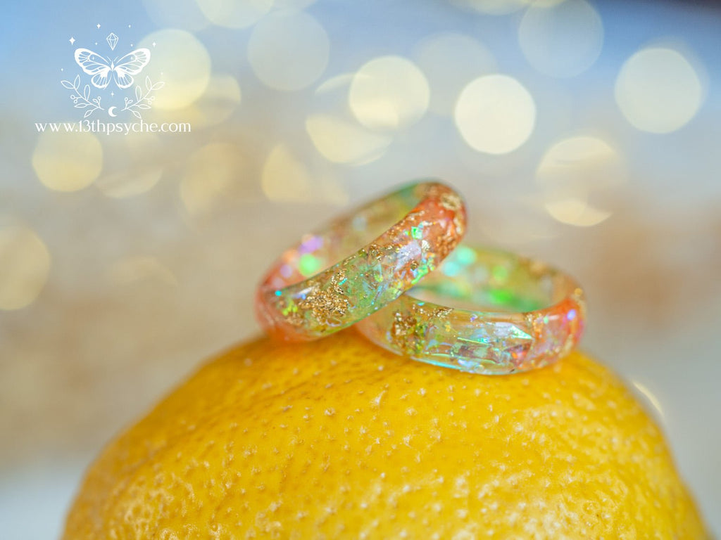 Handmade Iridescent Citrus Resin Ring - Mermaidcore Handmade Sparkle Jewelry - 13th Psyche