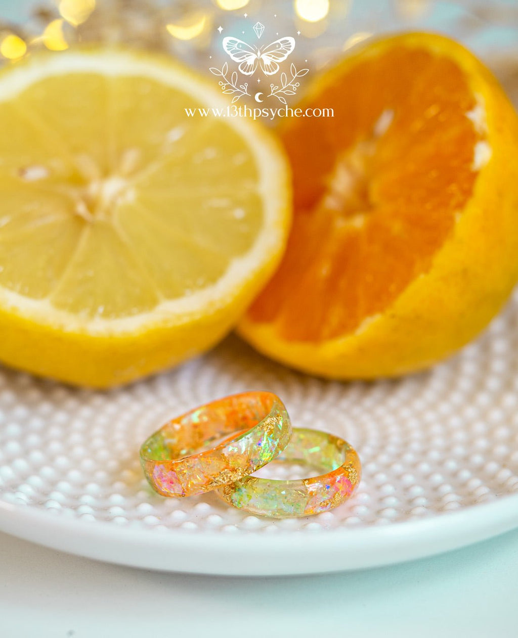 Handmade Iridescent Citrus Resin Ring - Mermaidcore Handmade Sparkle Jewelry - 13th Psyche