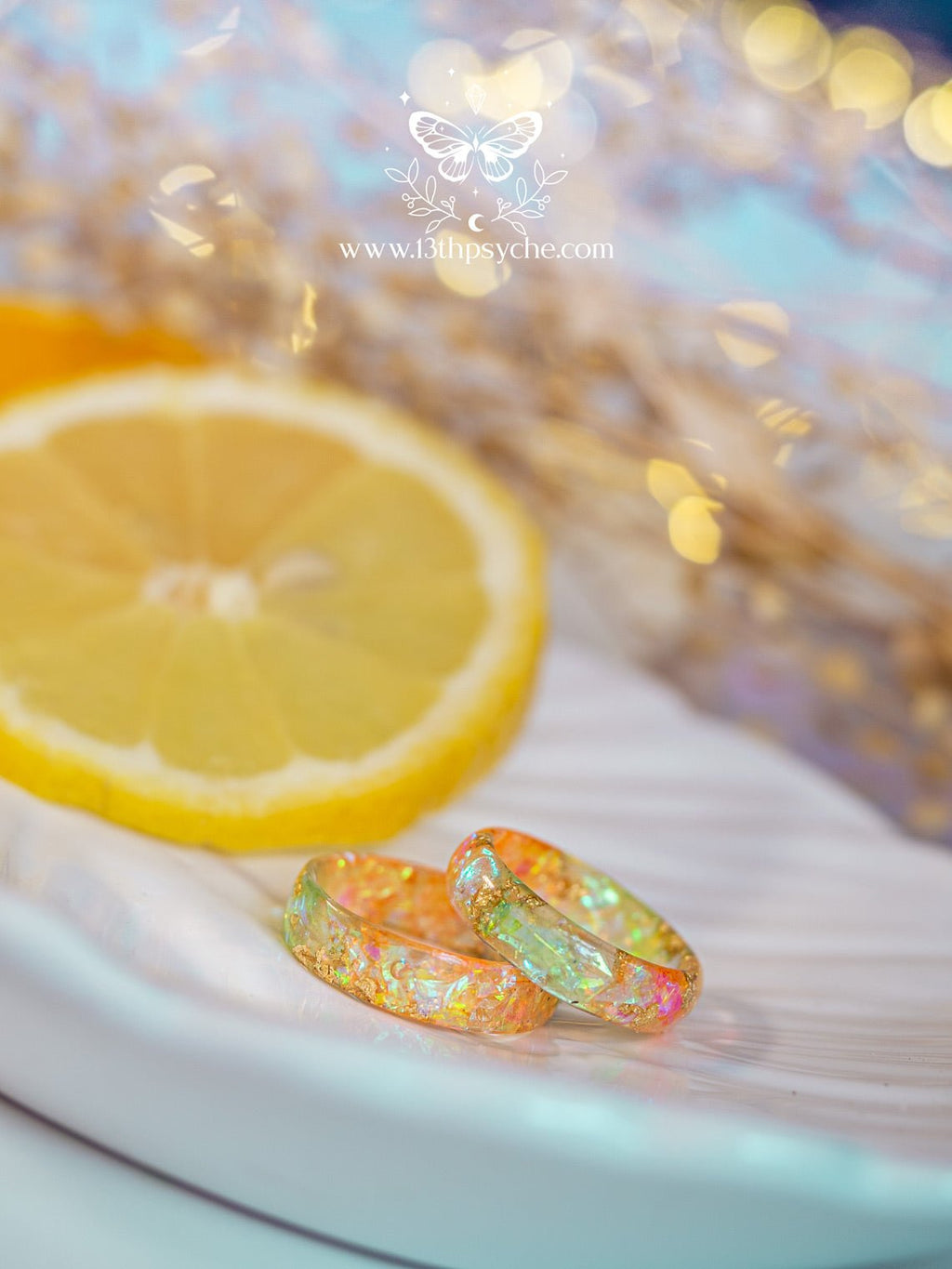 Handmade Iridescent Citrus Resin Ring - Mermaidcore Handmade Sparkle Jewelry - 13th Psyche