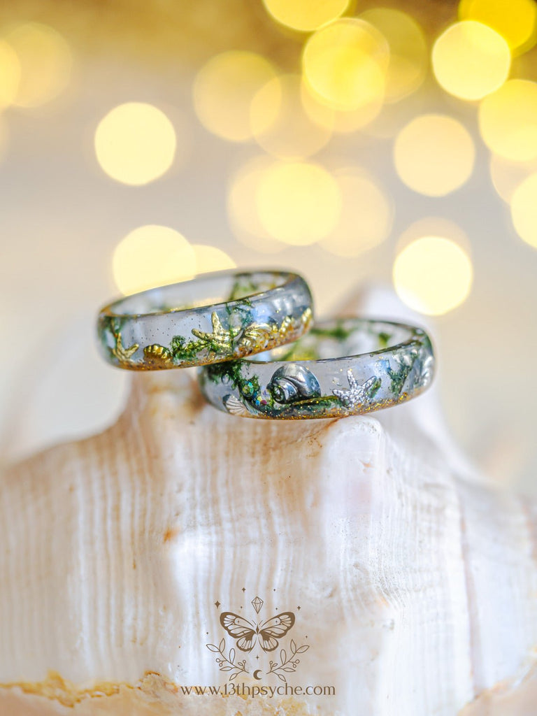 Handmade Ocean inspired resin ring with tiny shells - 13th Psyche