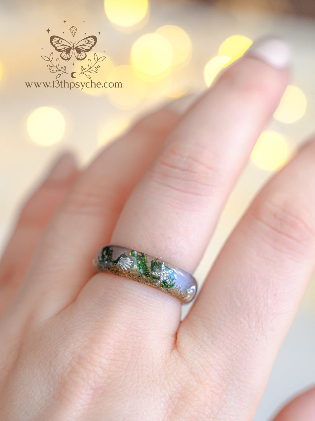 Handmade Ocean inspired resin ring with tiny shells - 13th Psyche