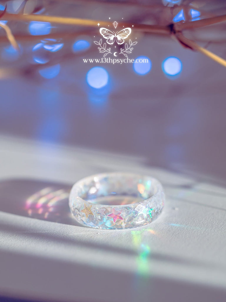 Handmade Resin Star Ring - Iridescent Galaxy Band with Holographic Stars - 13th Psyche